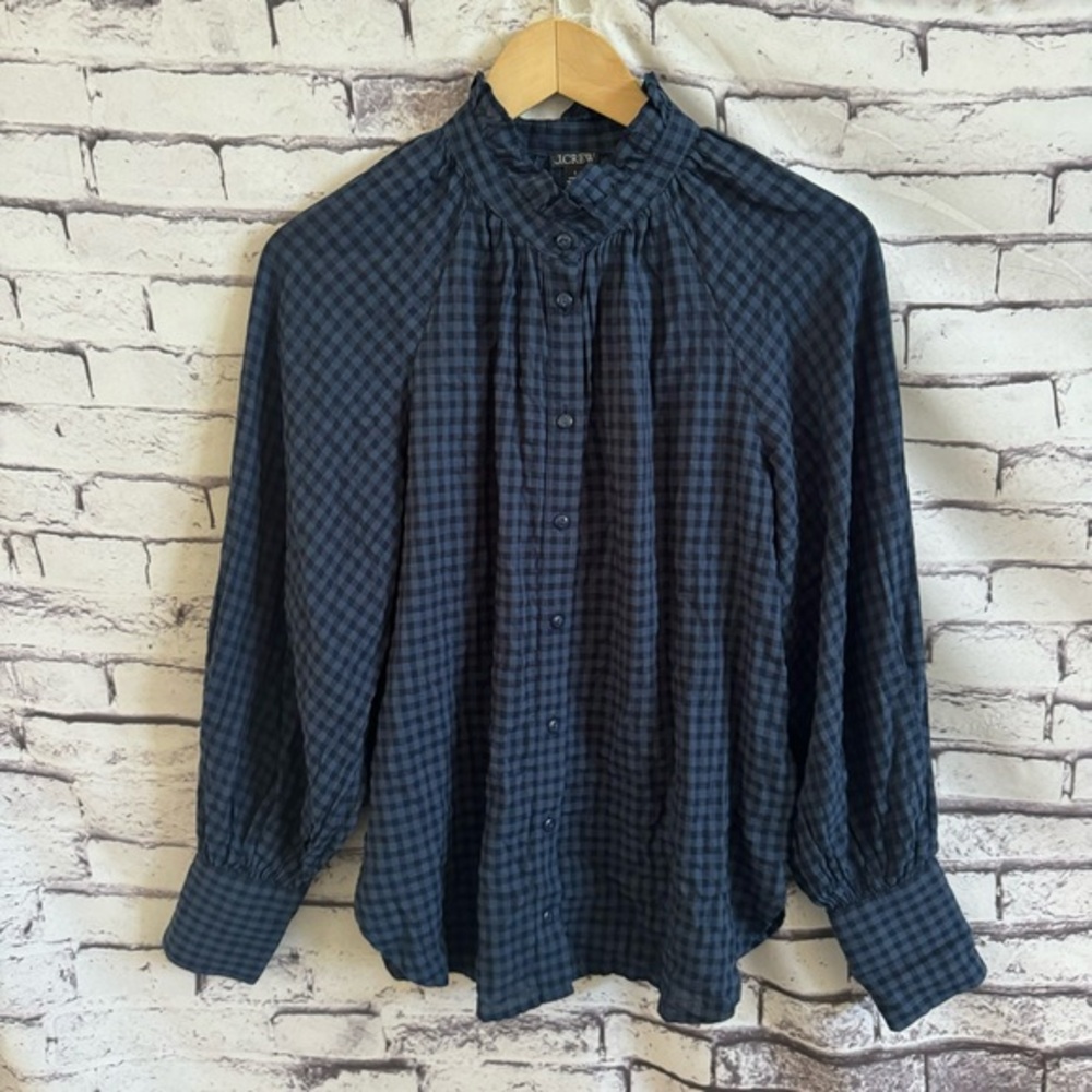 J.Crew Ruffleneck Button-Up Shirt In Gingham Soft Gauze SZ 2